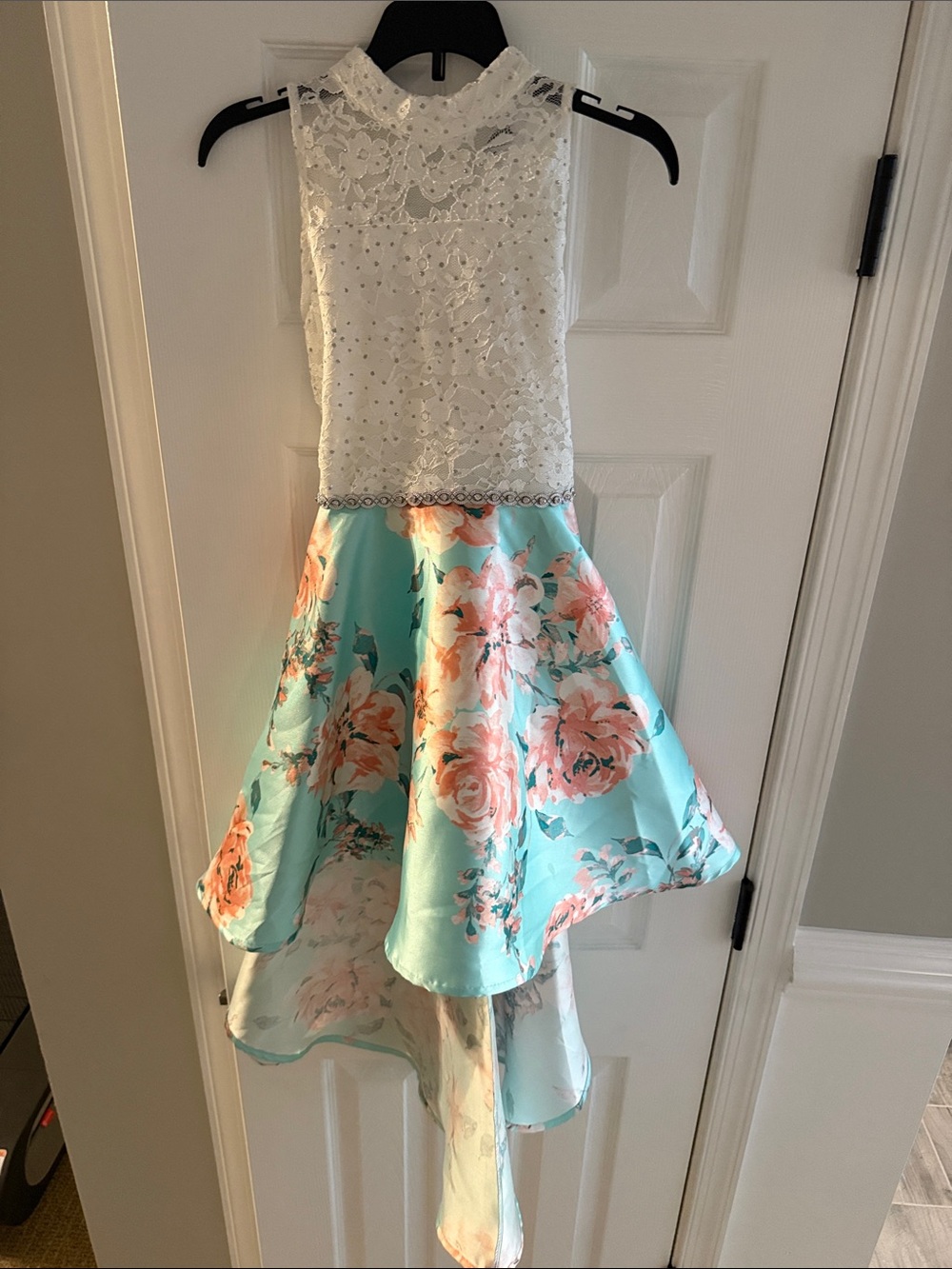 Speechless White Lace Bodice with Aqua and Peach Floral High-Low Dress